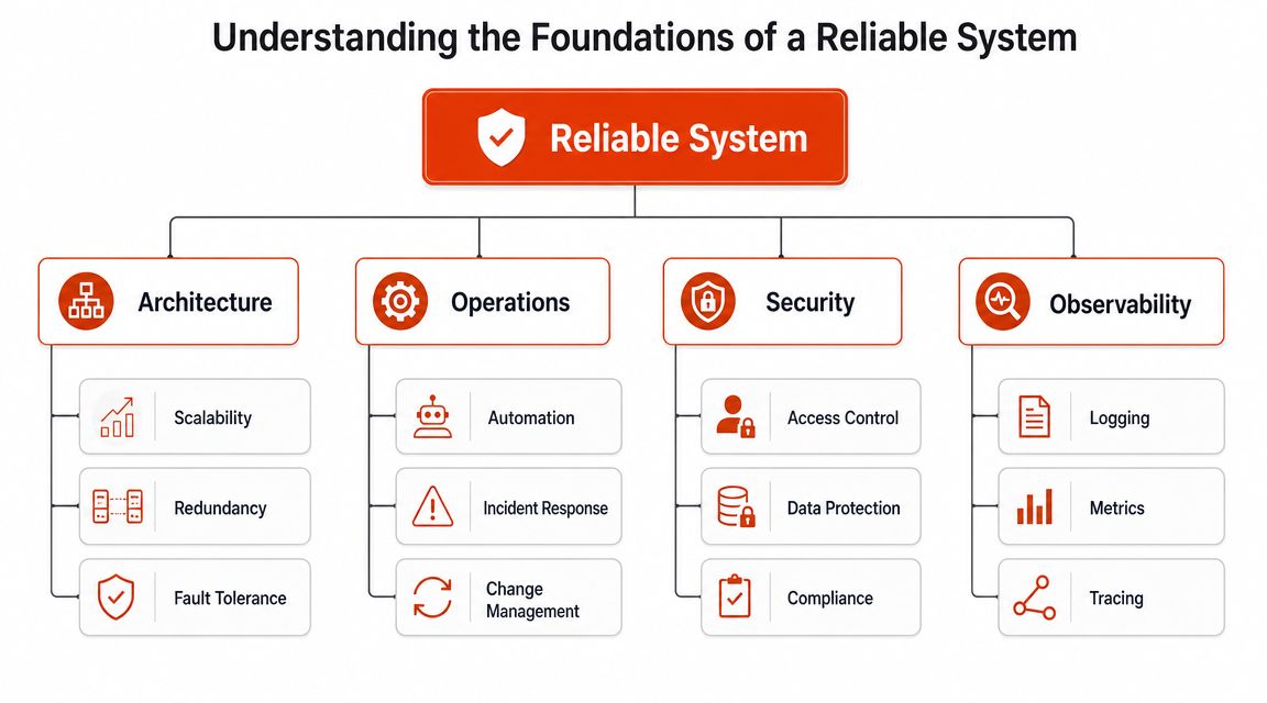 A diagram illustrating the four key foundations of a reliable system: Architecture, Operations, Security, and Observability.