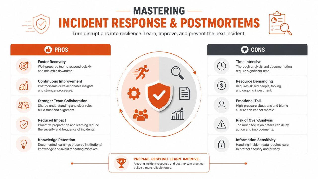 An infographic titled Mastering Incident Response and Postmortems outlining key benefits and challenges of the process.