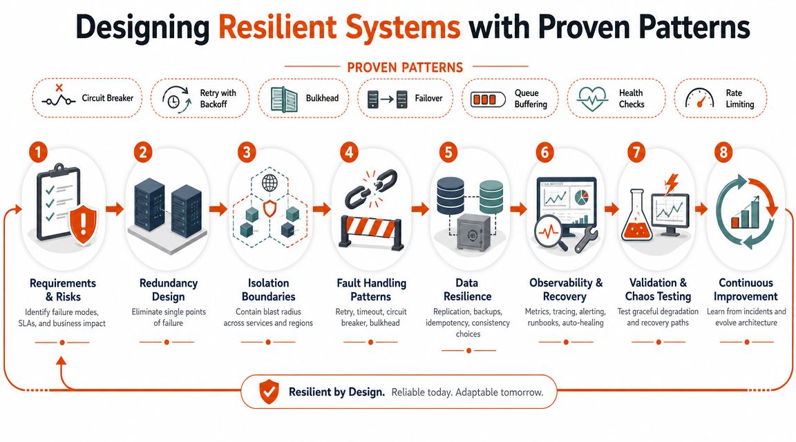 An infographic illustrating eight essential steps for designing resilient systems using various proven architectural patterns.