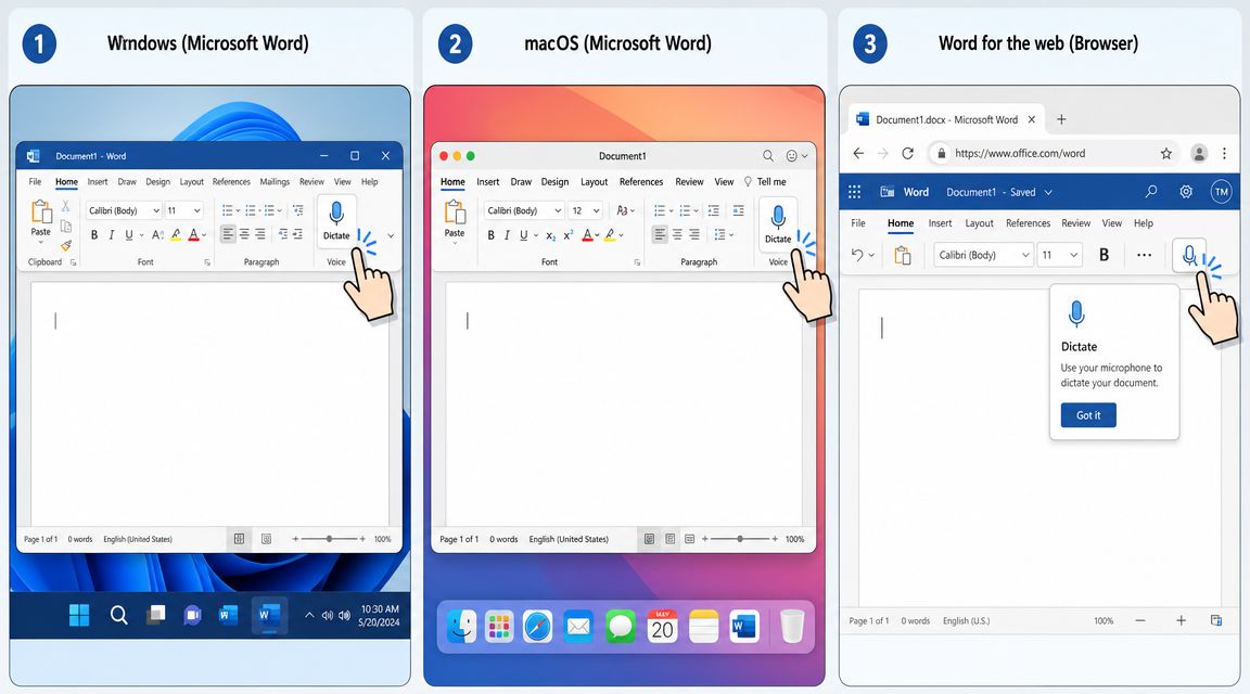 Three side-by-side screenshots demonstrating how to use the Dictate voice-to-text feature in Microsoft Word.
