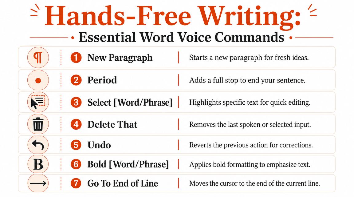 A list infographic showing seven essential voice commands for hands-free typing in Microsoft Word documents.