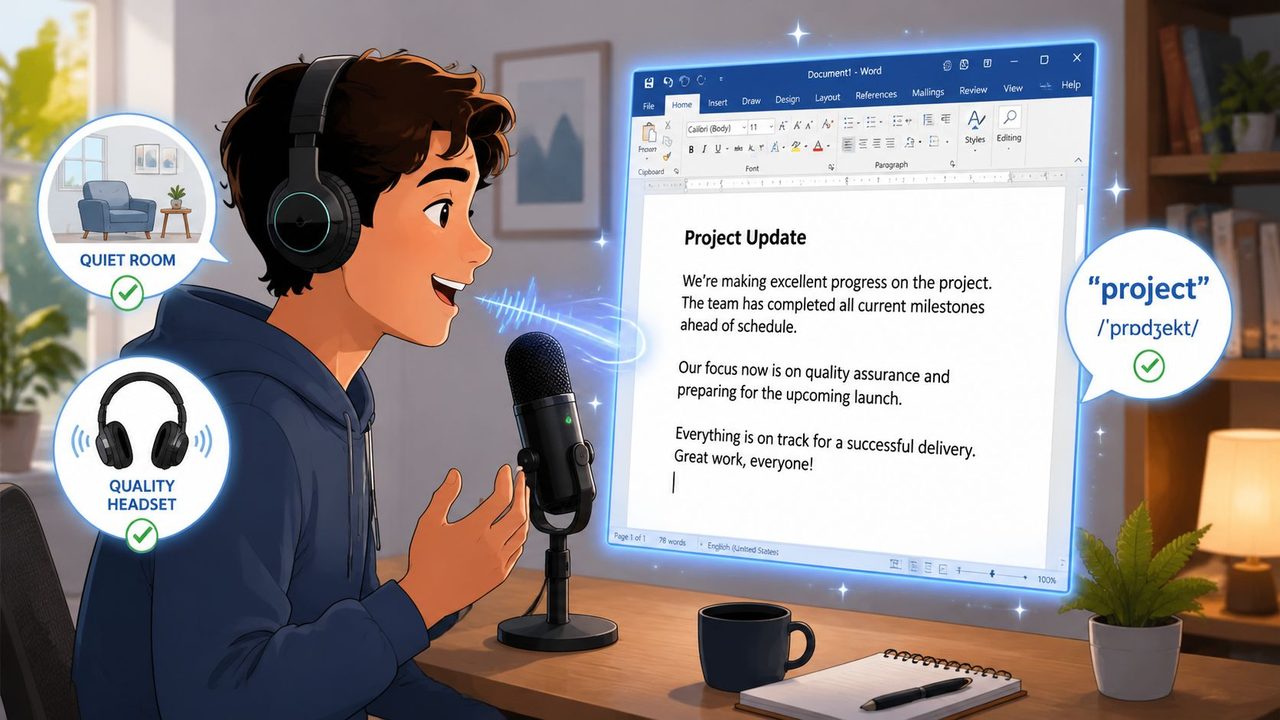 A student using a headset and microphone to dictate text into a Microsoft Word document.
