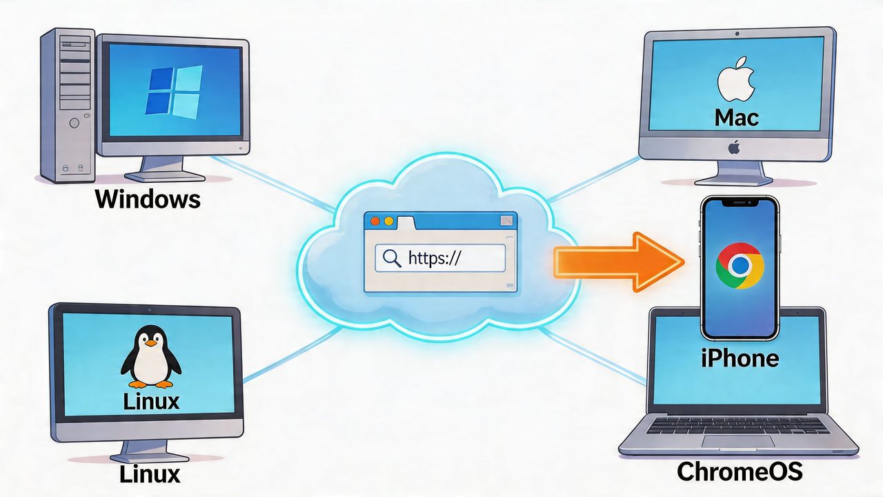 An illustration showing various desktop operating systems connected to the cloud, syncing data to an iPhone device.