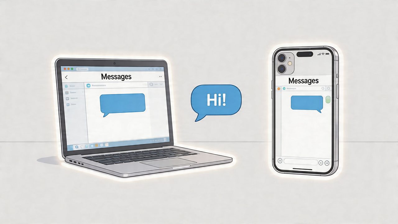 A laptop and an iPhone displaying a messaging app, connected by a speech bubble saying Hi.