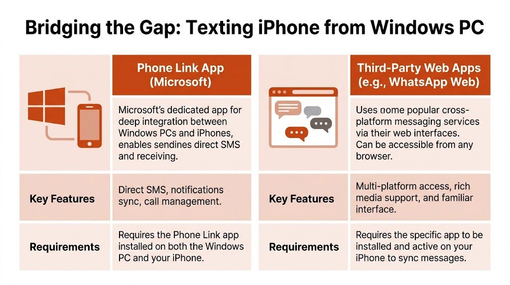 A comparison chart showing methods to send text messages to an iPhone from a Windows PC computer.