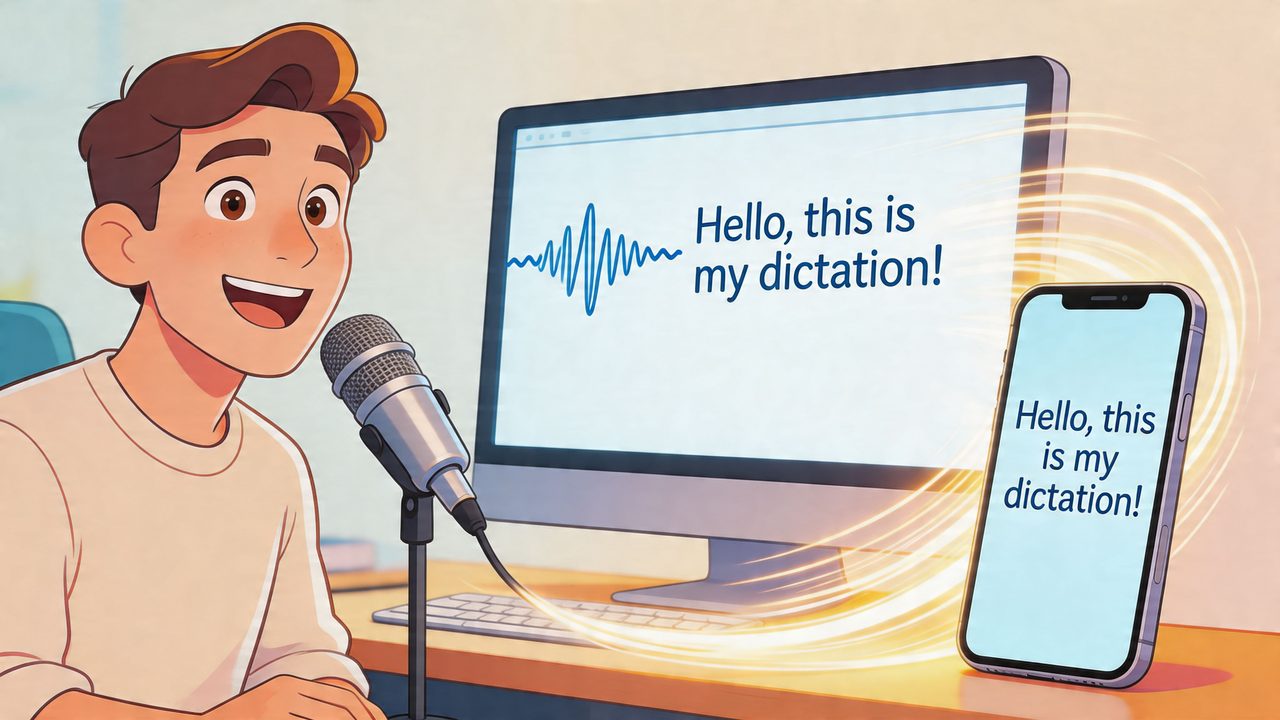 A cartoon man using a microphone to dictate text from a computer screen to an iPhone smartphone.