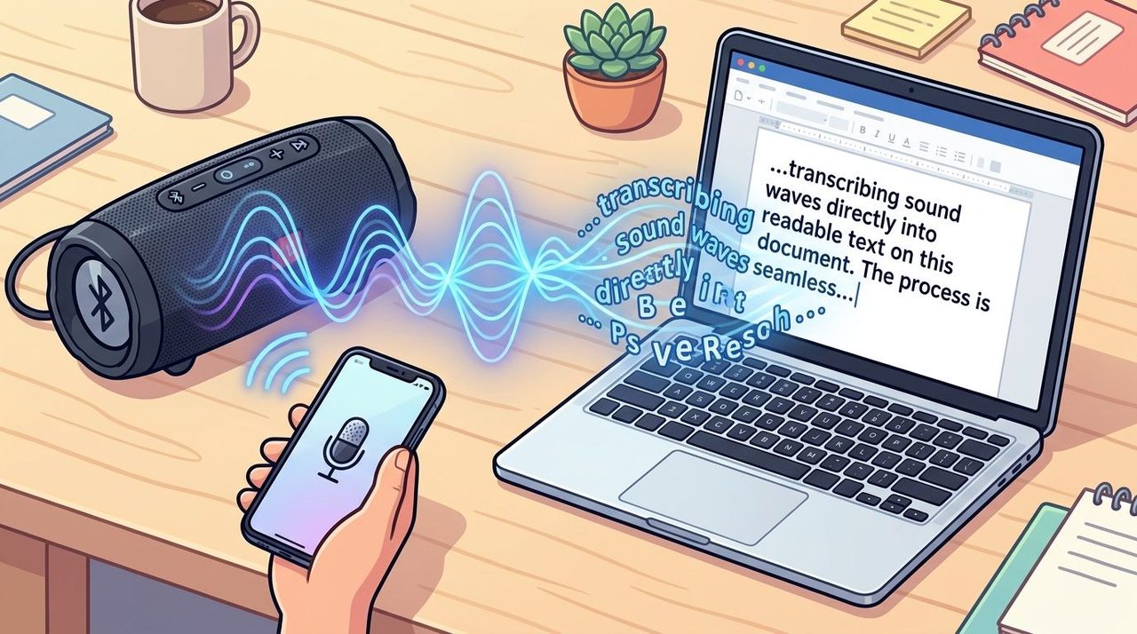 A smartphone using an app to transcribe audio from a wireless speaker into a laptop document.