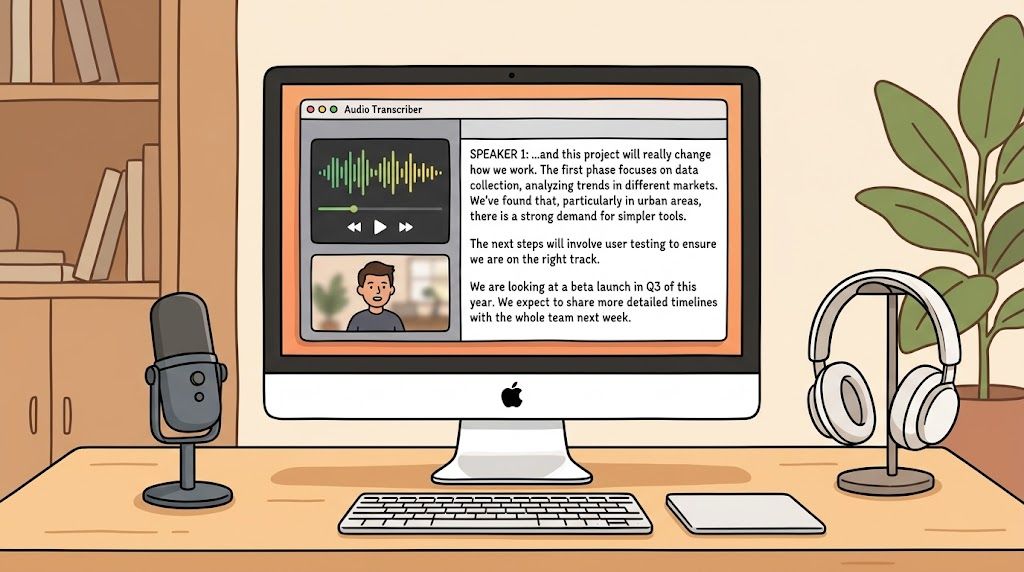 A clean desktop workspace featuring a computer screen displaying an audio transcription app with headphones and microphone.