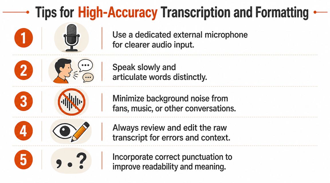 An infographic listing five tips for achieving high-accuracy audio transcription and text formatting.