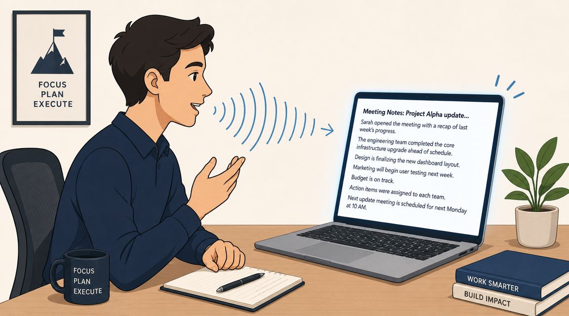 A man speaking into his laptop which is using speech-to-text software to transcribe meeting notes.