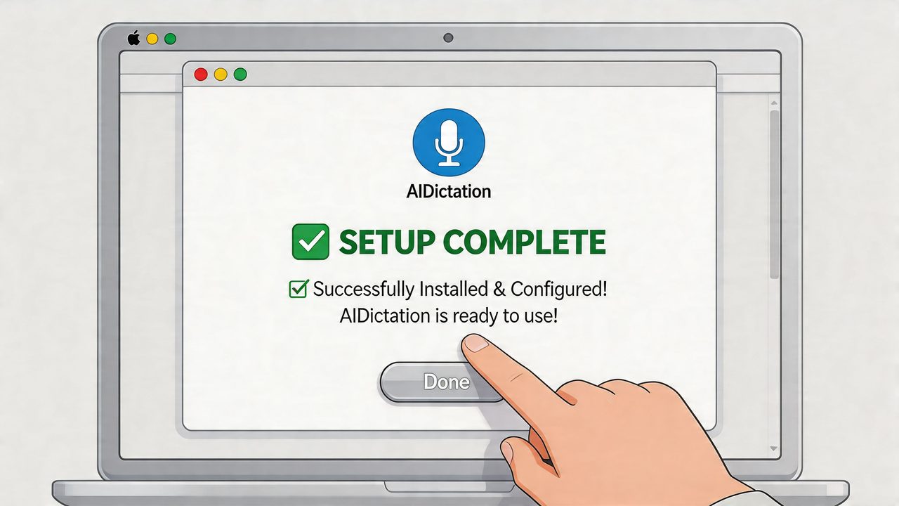 A hand clicking the done button on a computer screen confirming successful AI dictation software setup.
