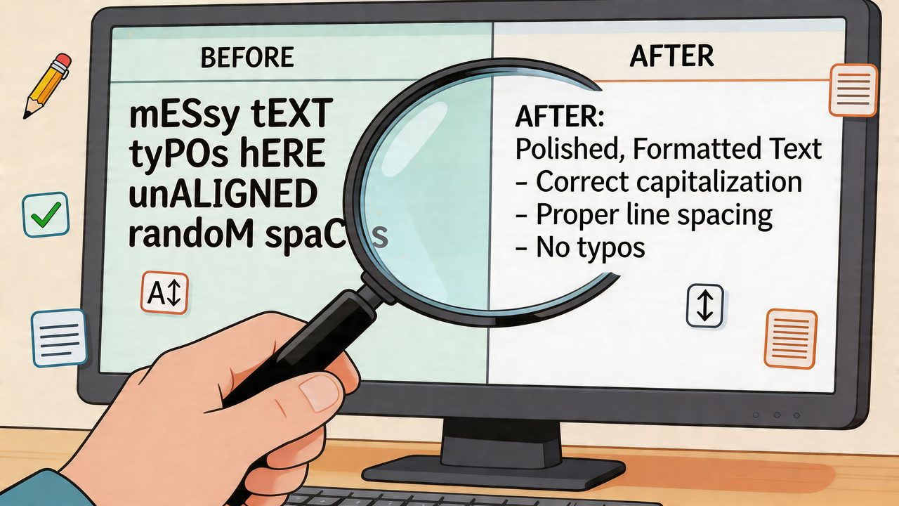 A hand holds a magnifying glass over a computer screen showing a before and after text comparison.
