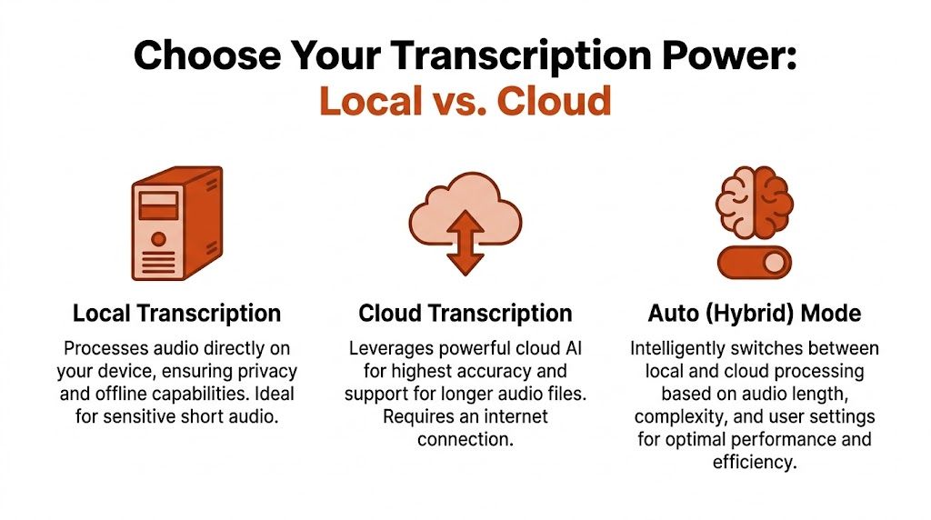 A comparison chart showing three transcription options: local, cloud, and hybrid modes for processing audio files.