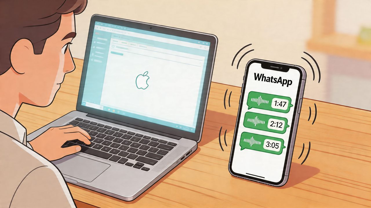 A person sitting at a laptop while their smartphone displays several incoming WhatsApp voice messages on screen.