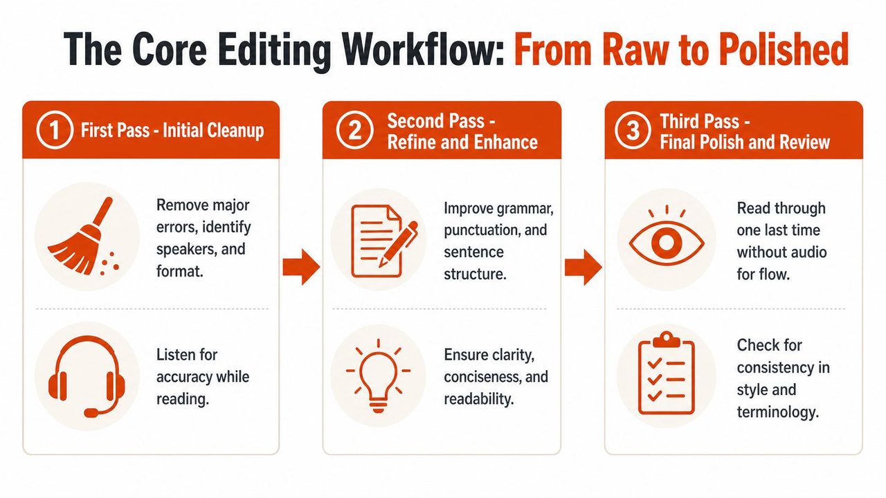 A three-step editing workflow infographic showing steps for initial cleanup, refinement, and final polishing of transcriptions.