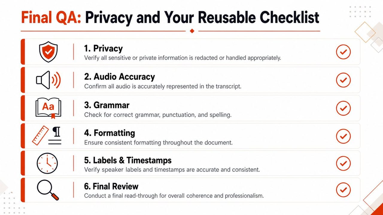 A checklist titled Final QA displaying six essential steps for verifying and editing transcription document quality.