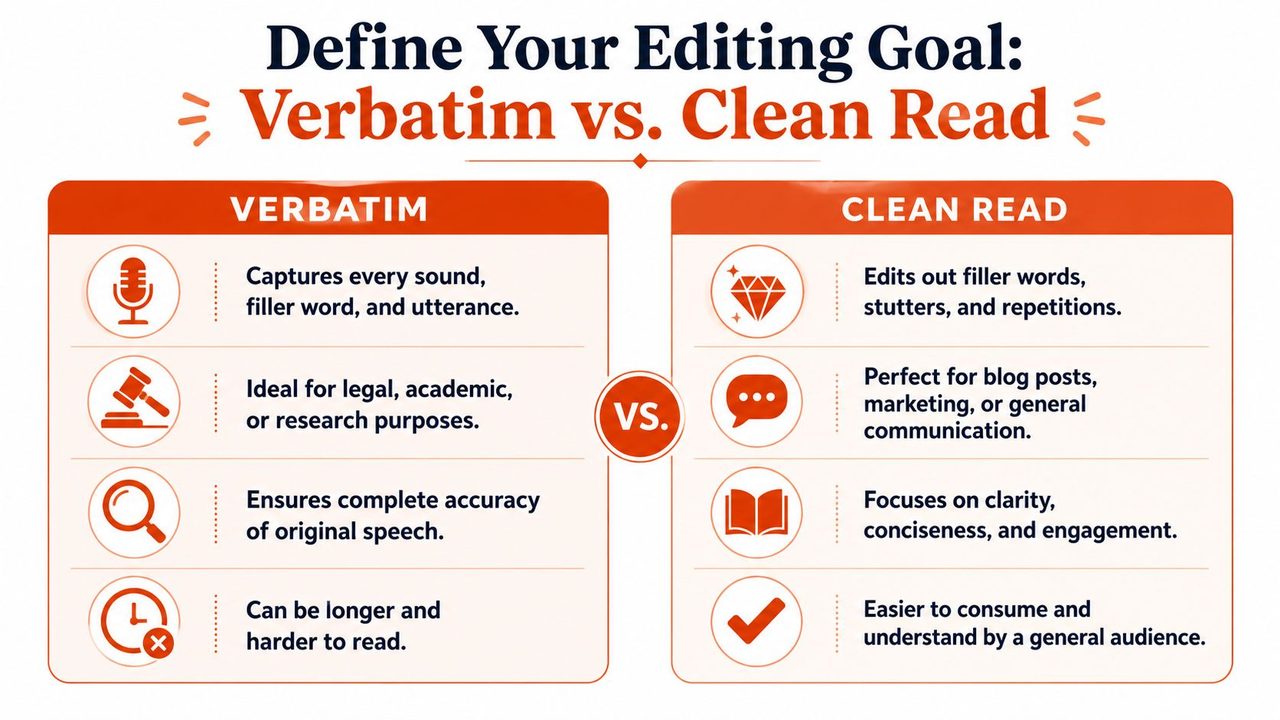 A comparison chart showing the differences between verbatim and clean read transcription editing styles.