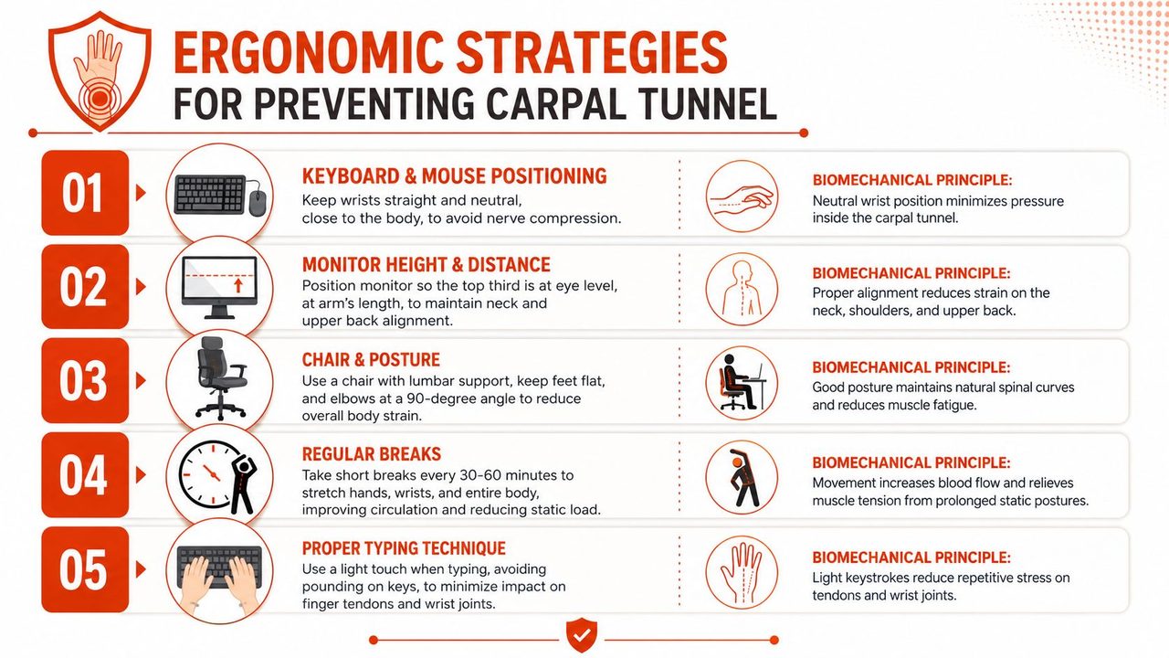 An infographic titled Ergonomic Strategies for Preventing Carpal Tunnel, listing five tips for office workers.