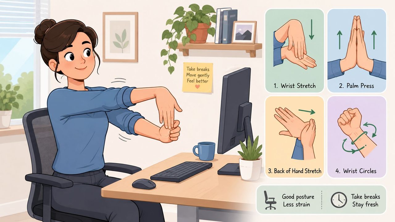 A woman sitting at a desk performing hand and wrist stretches to prevent typing-related strain.