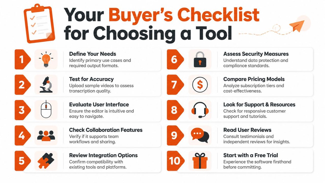 A ten-step buyer's checklist infographic for choosing the right video transcription software tool for your needs.