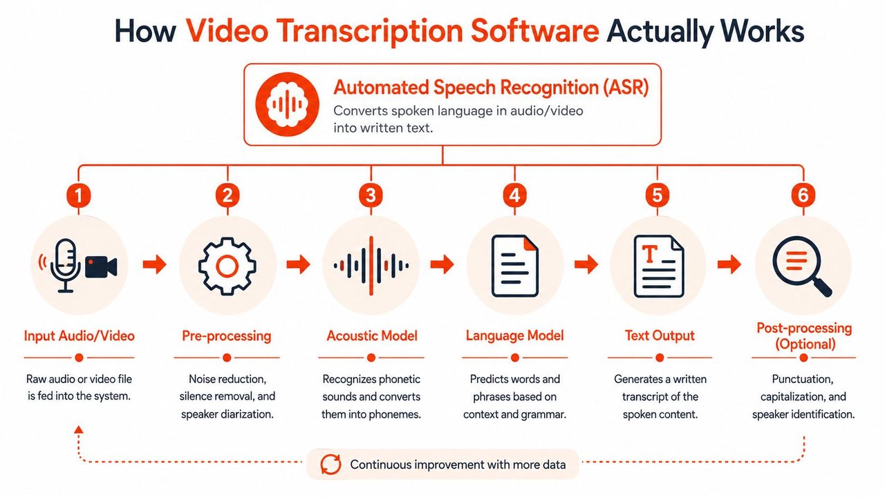 A flowchart infographic explaining the step-by-step process of how automated speech recognition software transcribes video files.