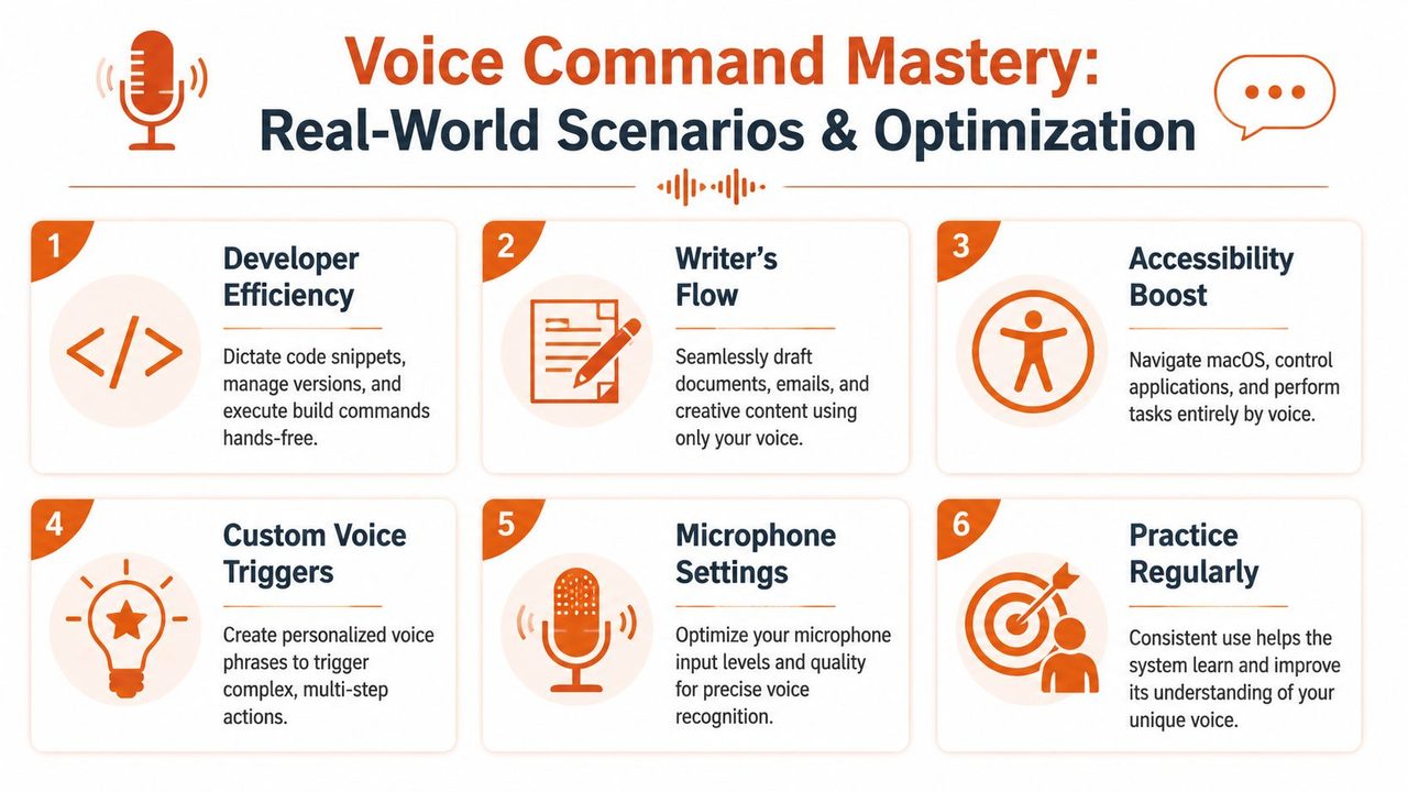 An infographic detailing six practical scenarios and optimization tips for mastering voice command technology on computers.