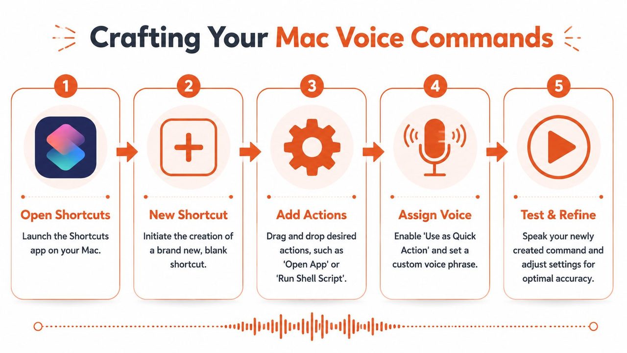 A step-by-step infographic titled Crafting Your Mac Voice Commands explaining how to create shortcuts on a Mac.