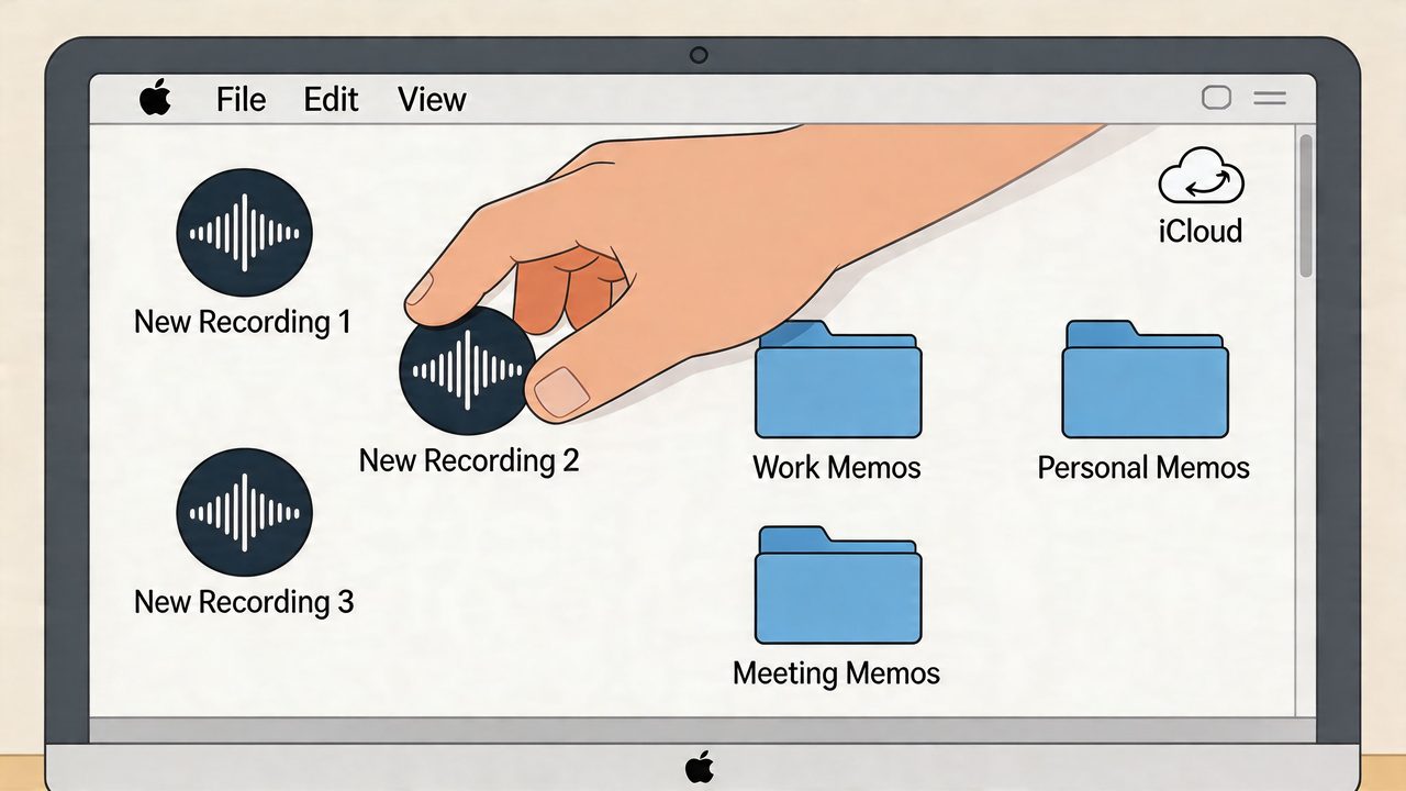 A hand dragging a New Recording 2 file icon into a folder on a Mac computer screen.