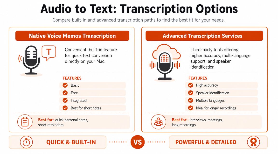 A comparison infographic between native Mac Voice Memos transcription and advanced third-party transcription services.