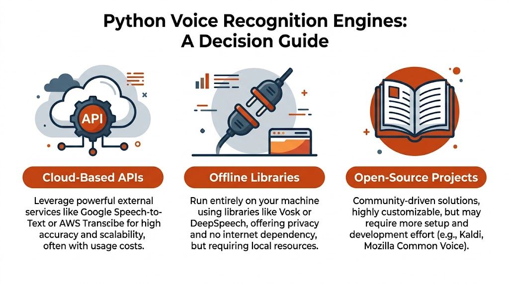 A decision guide for Python voice recognition engines categorized into cloud-based APIs, offline libraries, and open-source projects.