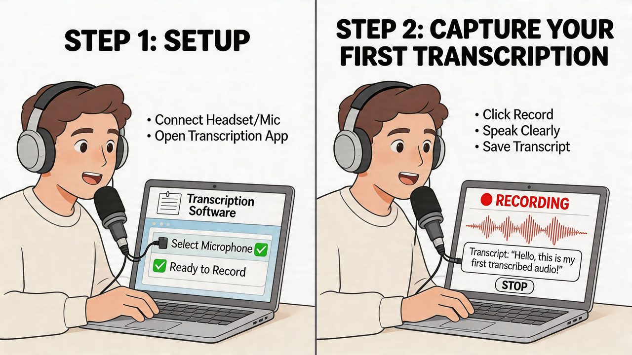 A two-step infographic showing a person setting up and using transcription software on a laptop computer.