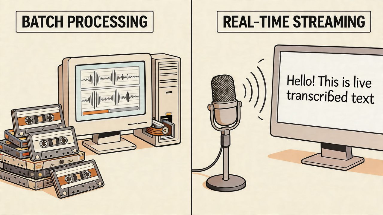 A diagram comparing batch processing with cassette tapes to real-time streaming using a live microphone input.