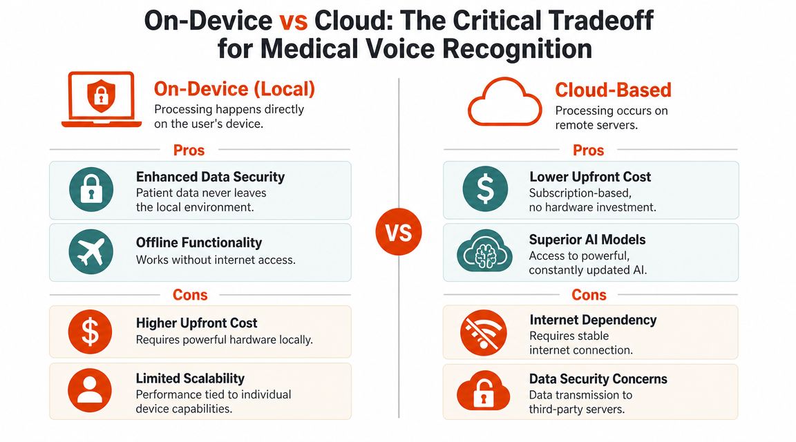 A comparison chart outlining the pros and cons of on-device versus cloud-based medical voice recognition software.