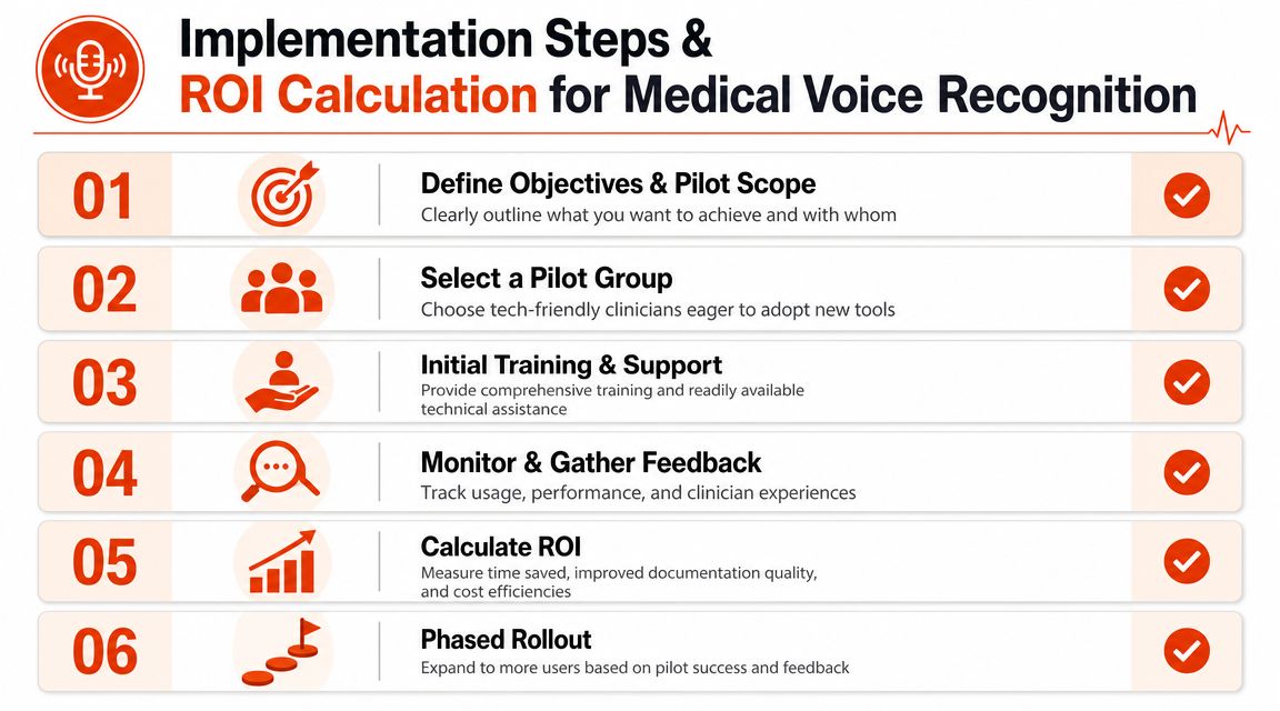 A six-step infographic detailing the implementation process and ROI calculation for medical voice recognition software.
