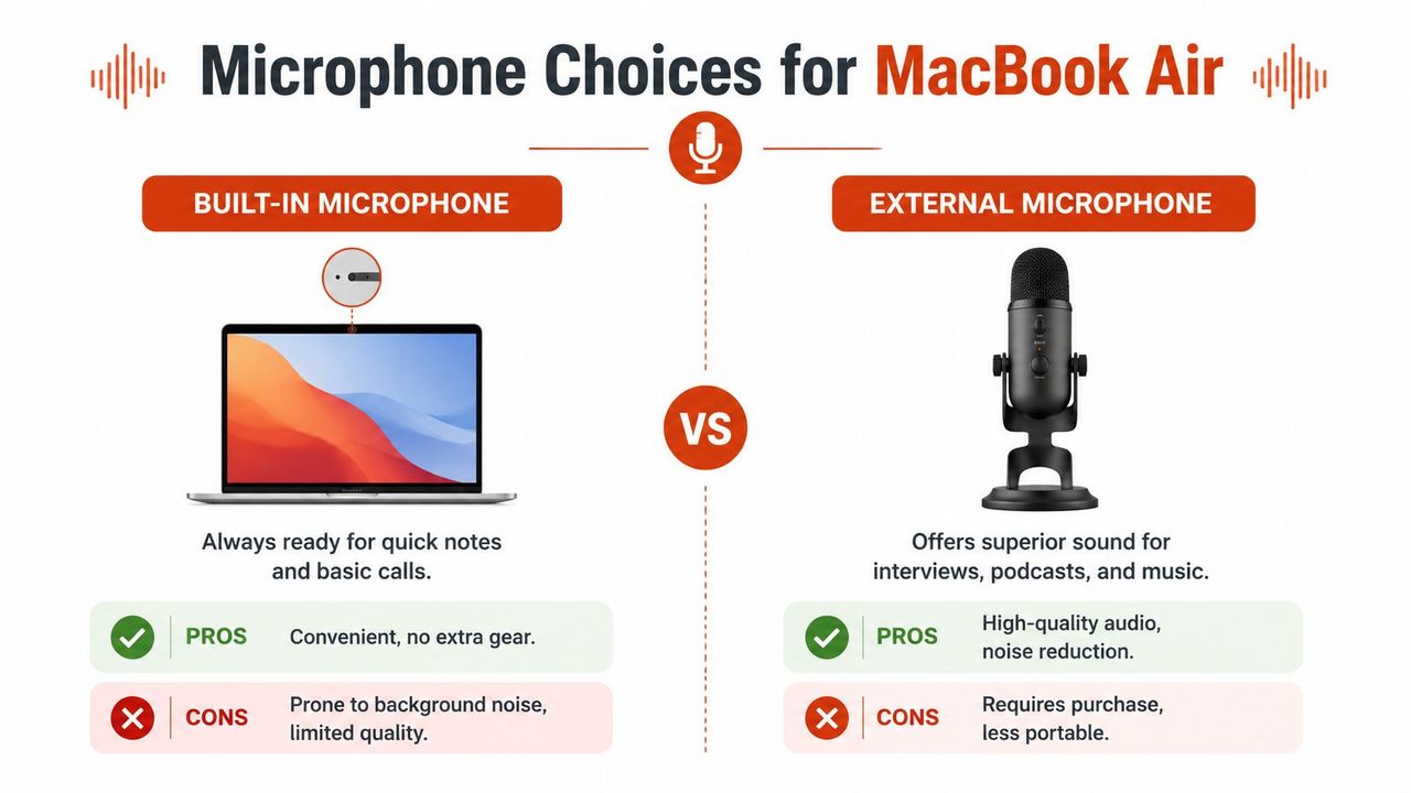 A comparison infographic between the built-in microphone and an external microphone for MacBook Air users.