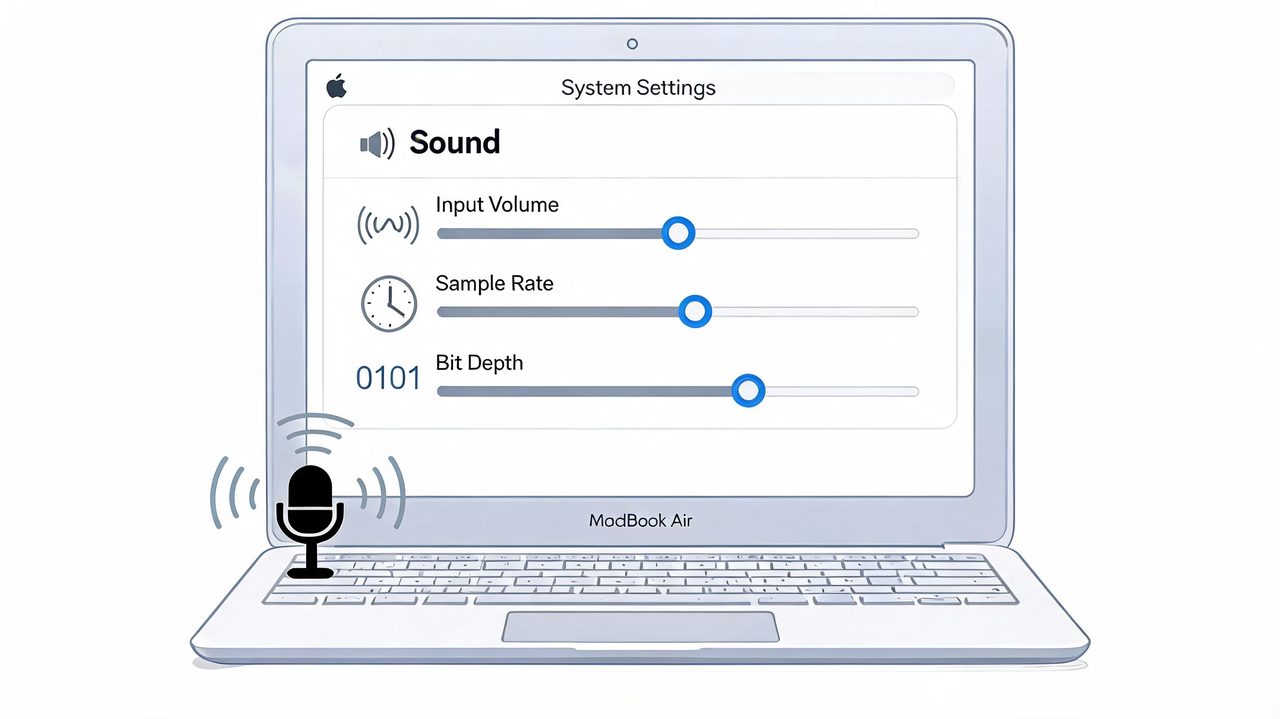 A conceptual illustration of a MacBook Air displaying sound recording settings for a microphone on the screen.