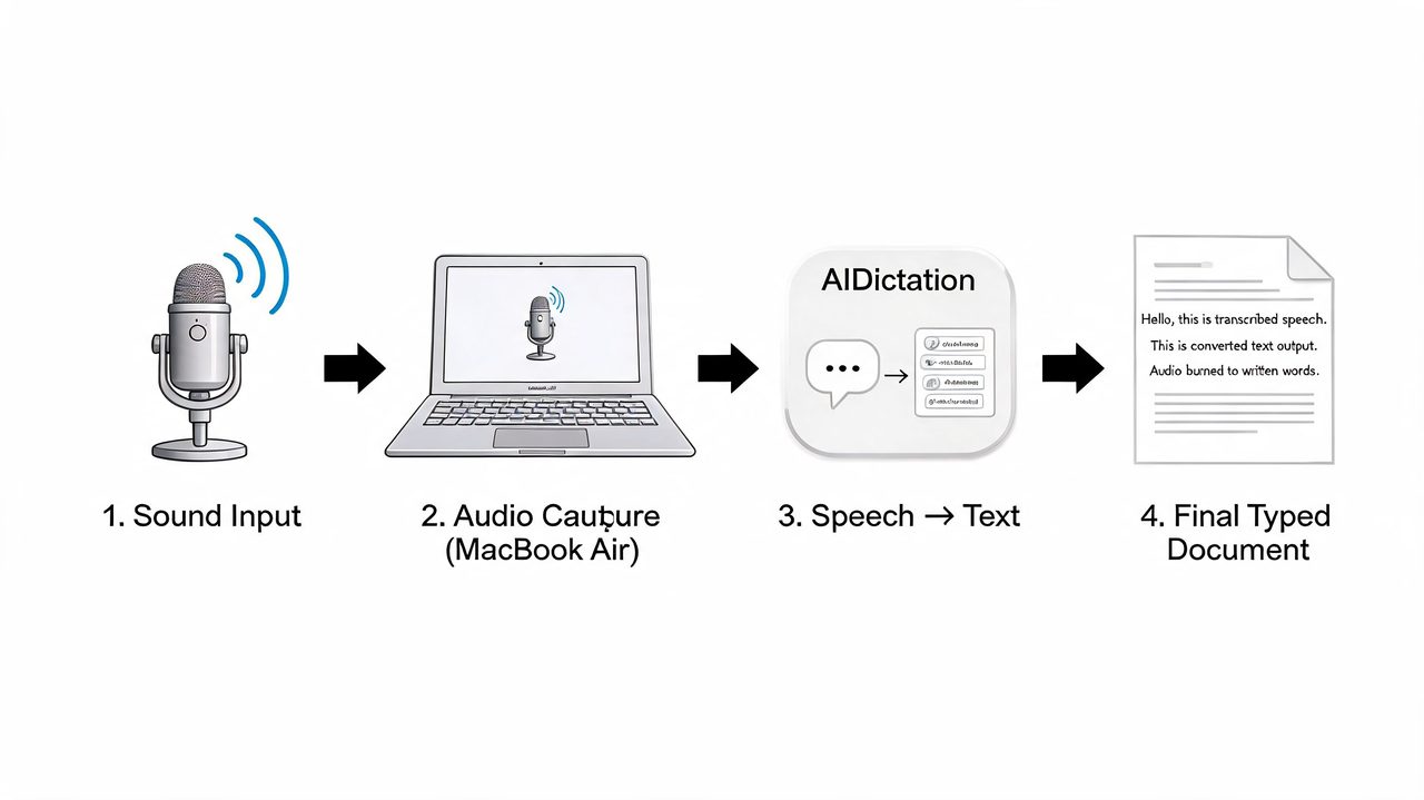 A diagram illustrating the four-step process from sound input via microphone to final typed document via AI dictation.