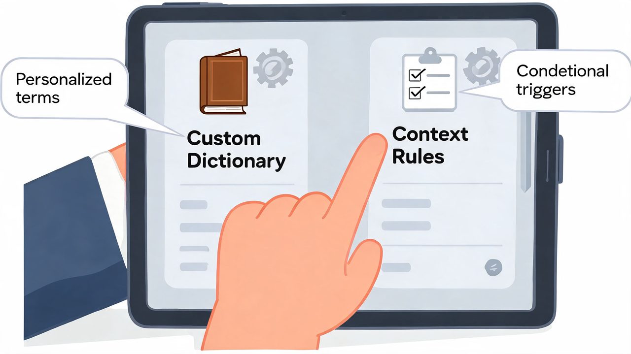 A hand touching a tablet screen showing custom dictionary settings and conditional triggers for a voice app.