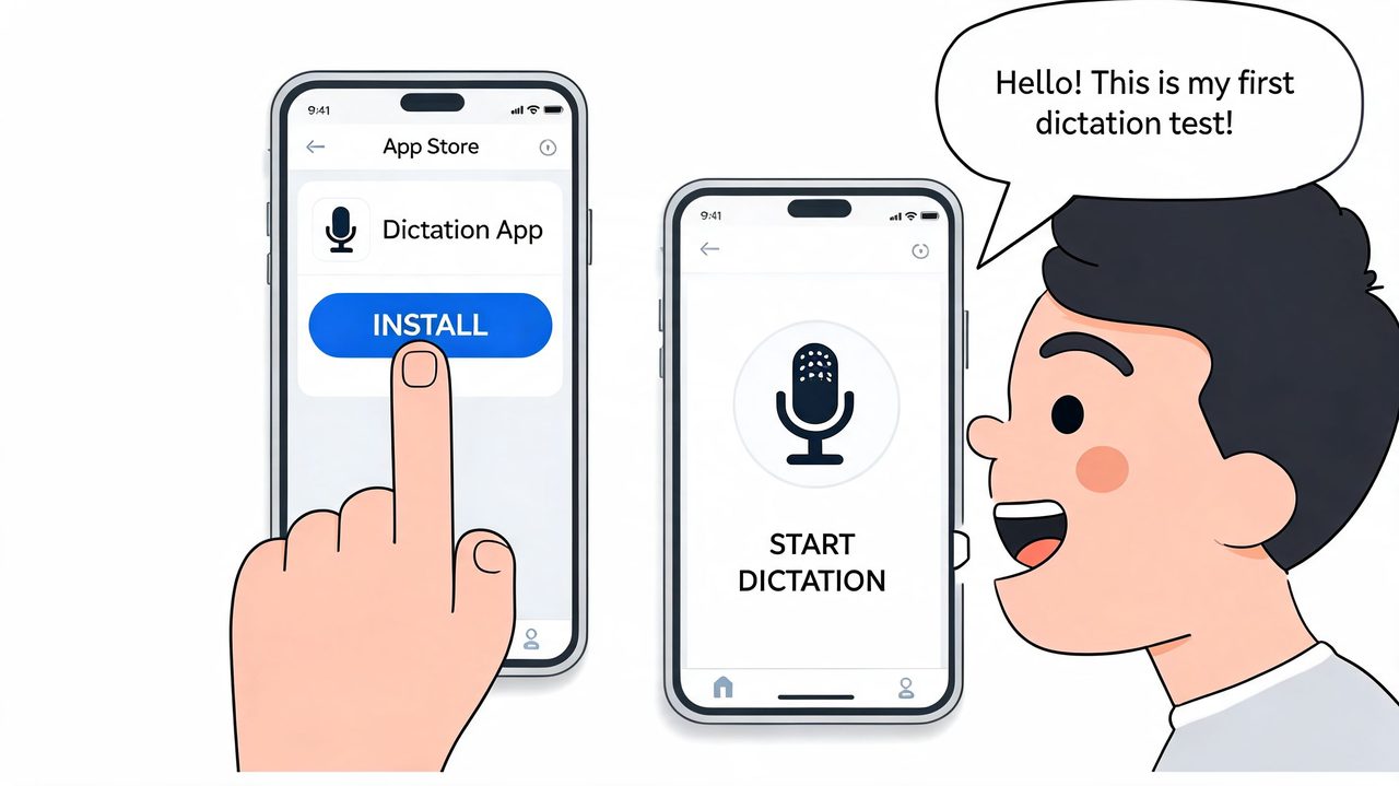 A person installing a voice dictation app and then testing it by speaking into their smartphone.