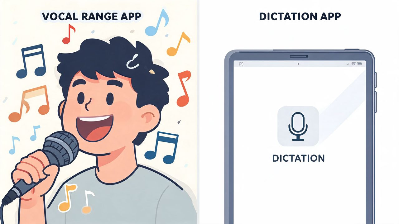 A split-screen illustration showing a person singing into a microphone and a tablet displaying a dictation app icon.