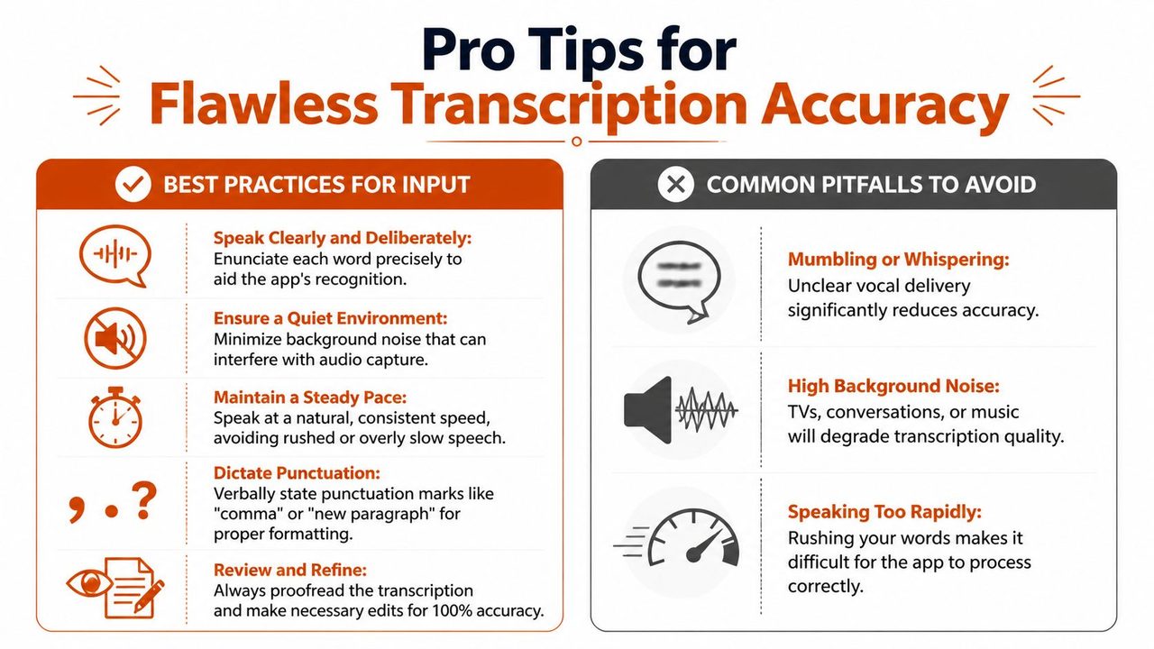 An infographic titled Pro Tips for Flawless Transcription Accuracy detailing best practices and common pitfalls for voice-to-text.