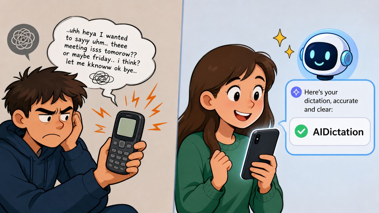A split image contrasting a frustrated man leaving a messy voicemail versus a woman using AI dictation.