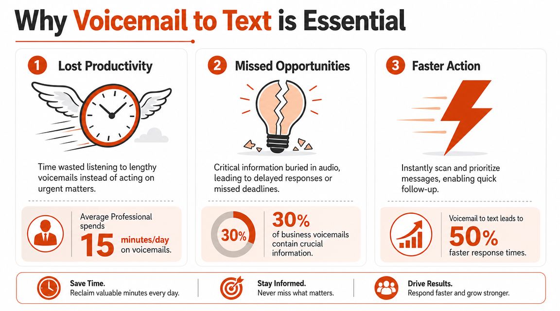 An infographic titled Why Voicemail to Text is Essential, illustrating productivity gains and business efficiency.