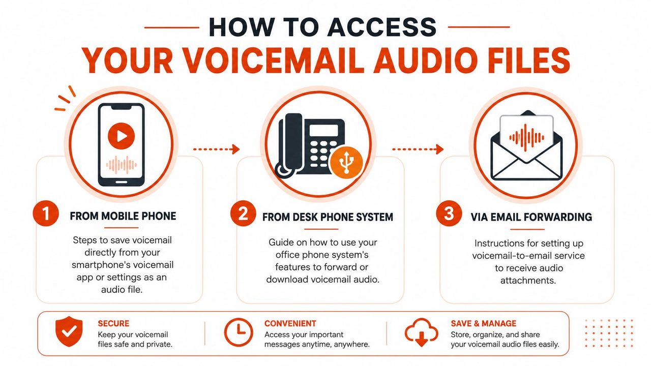An infographic showing three ways to access voicemail audio files via mobile, desk phone, and email forwarding.