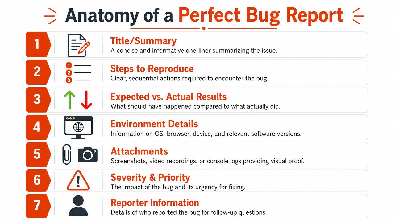 An infographic titled Anatomy of a Perfect Bug Report outlining seven essential elements for technical documentation.