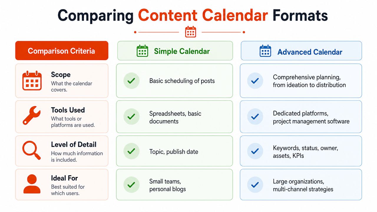 A comparison chart outlining the differences between simple and advanced content calendar formats for marketing teams.