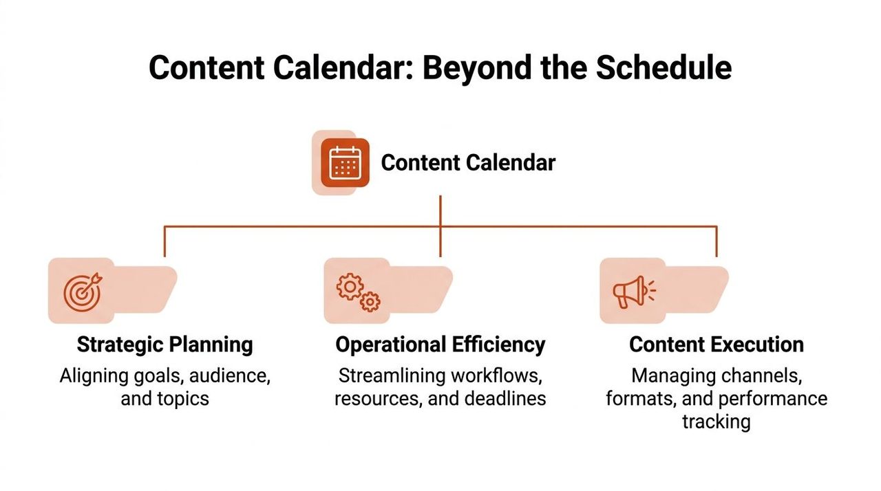 A diagram outlining the three key pillars of a content calendar: strategic planning, operational efficiency, and content execution.