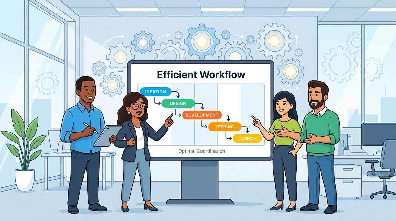 A diverse team of professionals discussing an efficient workflow chart in a bright modern office setting.