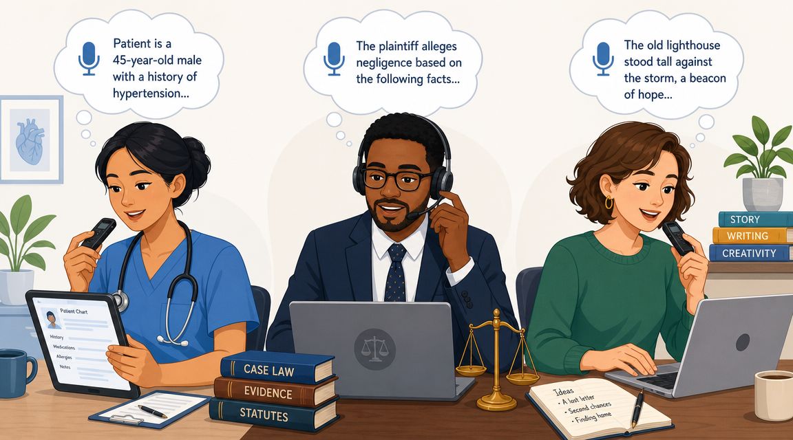 Three professionals using dictation devices to record notes for medical, legal, and creative writing projects.