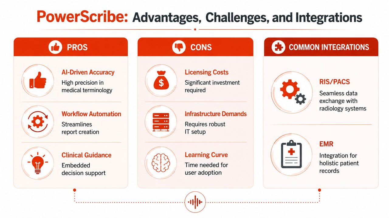 An infographic titled PowerScribe highlighting its key advantages, potential challenges, and common software integrations in medical settings.